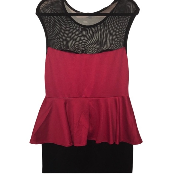 NWT Elegant Red & Black Mesh Inset Peplum Sleeveless Mini Dress - Picture 3 of 6